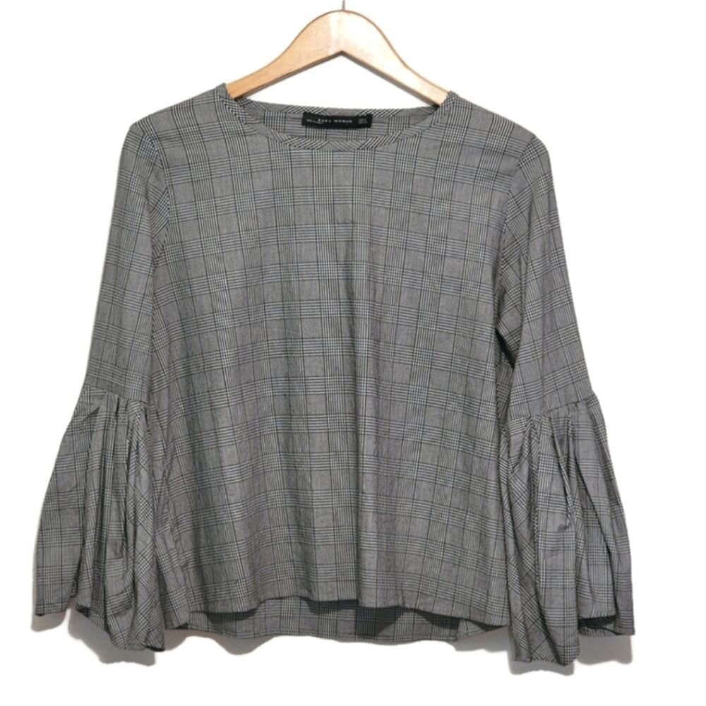 ZARA WOMAN Plaid Bell Sleeve Black and White Cotton Blend Top Size M - Picture 2 of 13